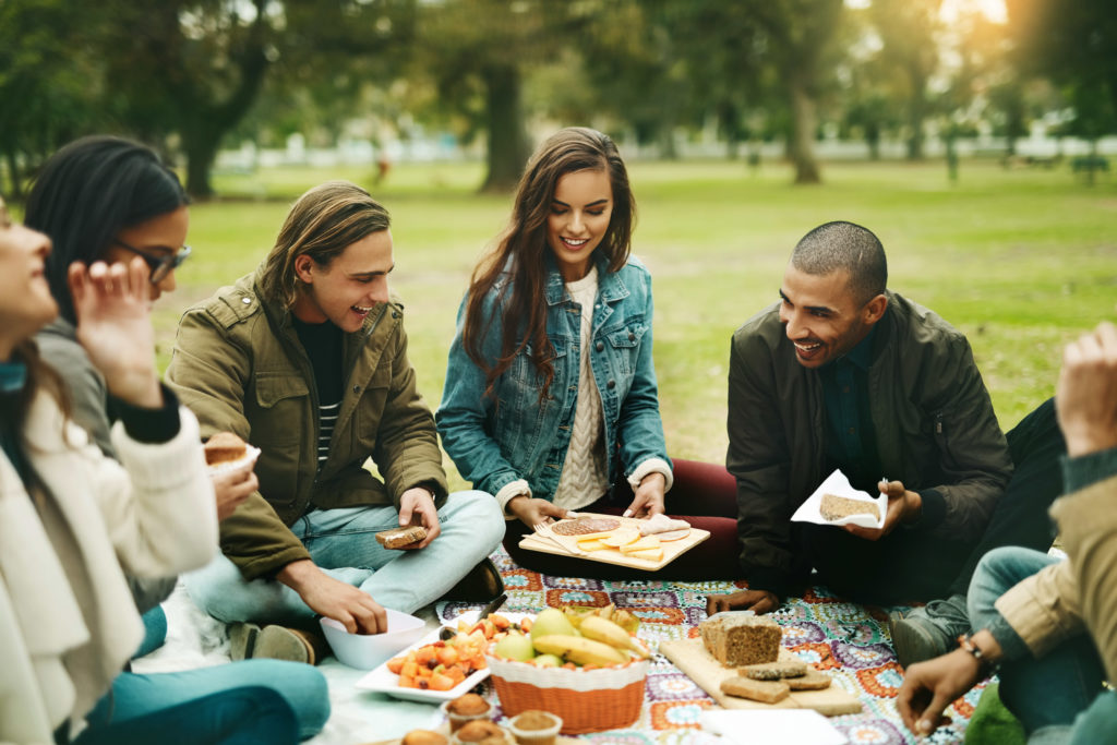 Shot of a group of cheerful young friends having a picnic together outside in a park during the day.